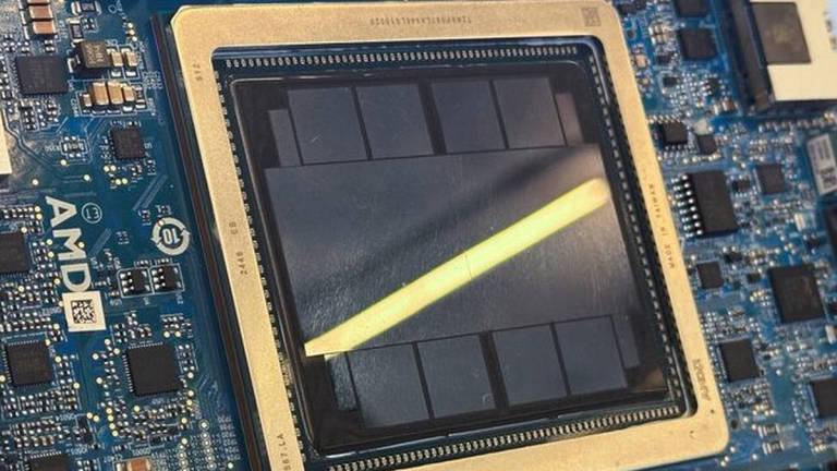 An Advanced Micro Devices (AMD) MI350 series artificial intelligence chip is displayed at the San Jose McEnery Convention Center, in San Jose, California, U.S., June 12, 2025. - REUTERS