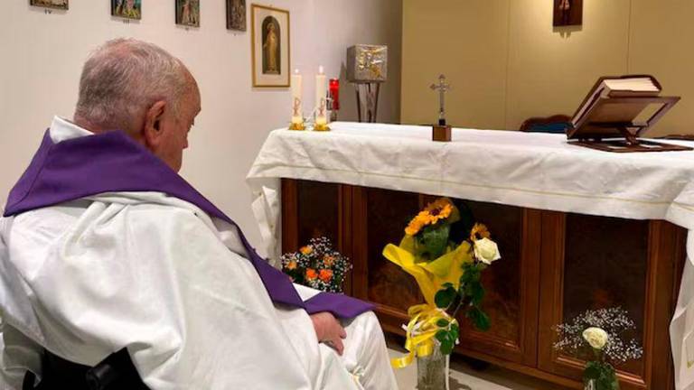 Pope Francis concelebrates Holy Mass in the chapel of the apartment on the tenth floor of the Gemelli hospital, where he continues his treatment, in Rome, Italy - REUTERSpix