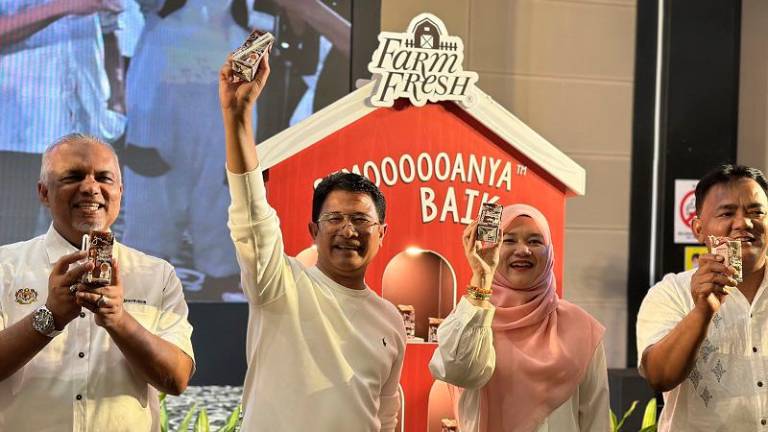 From left: Deputy Director-General of Education Shafruddin Ali Hussin, Azmi, Fadhlina and Melaka education, higher education and religious affairs committee chairman Datuk Rahmad Mariman during the launch gimmick for the carnival at Mudzaffar Hotel.