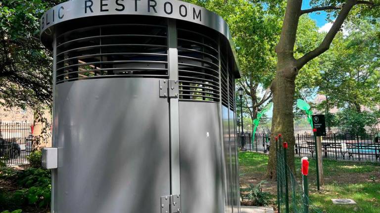 View of a “Portland Loo” in the Bronx’s Joyce Kilmer park, two blocks from Yankee Stadium baseball park, in New York on August 1, 2025 - AFPPix