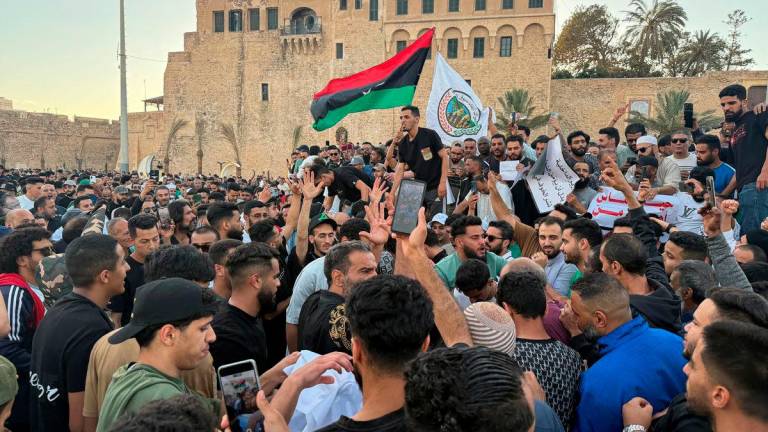 Demonstrators demand the overthrow of the Libya’s Government of National Unity headed by Abdulhamid al-Dbeibah, in Martyrs’ Square in Tripoli, Libya. May 16, 2025. REUTERSpix