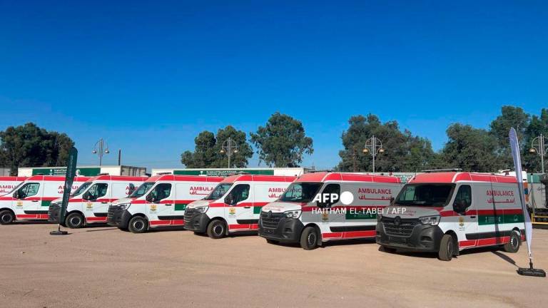 Ambulances donated by Saudi Arabia arrive in Damascus on September 7, 2025, as part of the Saudi aid campaign to Syria. - AFP