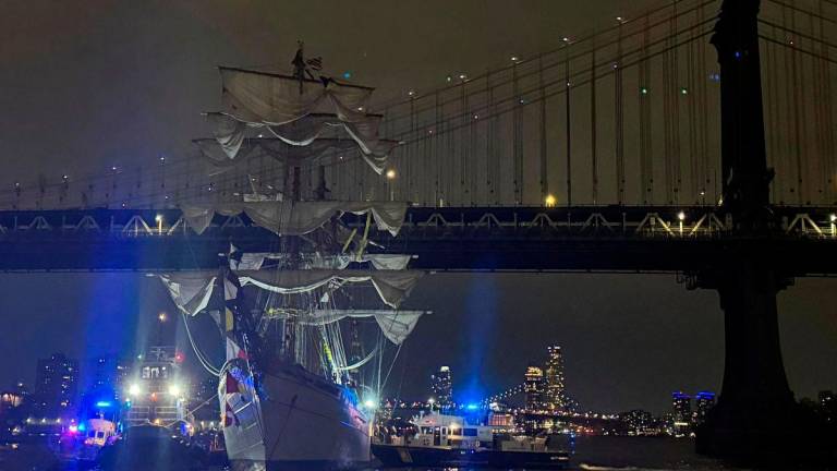 A Mexican Navy training ship is seen in front of the Manhattan Bridge, after it was damaged having run into into the Brooklyn Bridge in New York City, U.S., May 17, 2025. REUTERSpix