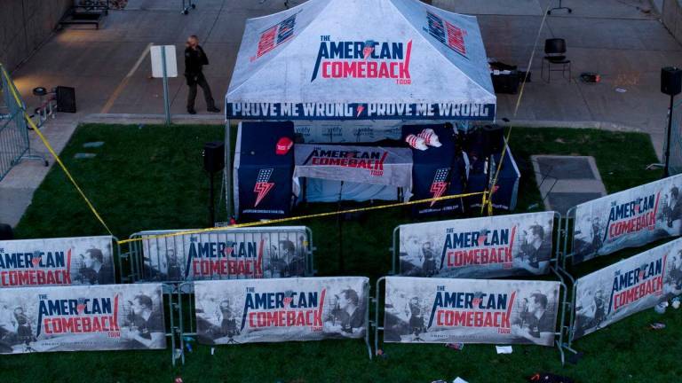 FILE PHOTO: A drone view shows the scene where U.S. right-wing activist, commentator Charlie Kirk, an ally of U.S. President Donald Trump, was fatally shot during an event at Utah Valley University, in Orem, Utah, U.S. September 11, 2025. REUTERS/Cheney Orr/File Photo