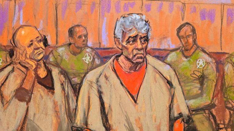 Alleged Mexican drug lord Rafael Caro Quintero and his nephew Ismael Quintero Arellanes appear together during a hearing in Brooklyn Federal Court, in New York City, U.S., March 26, 2025 in this courtroom sketch. Reuterspix