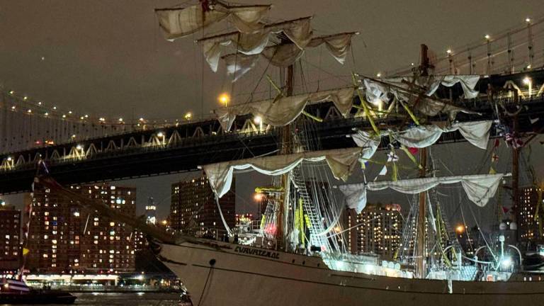 A Mexican Navy training ship is seen in front of the Manhattan Bridge, after it was damaged having run into into the Brooklyn Bridge in New York City, U.S., May 17, 2025. REUTERSpix