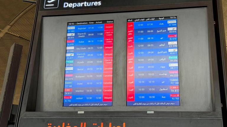 Flight information display screens show information about delayed and cancelled flights, at Queen Alia International Airport in Amman, Jordan June 13, 2025. - REUTERSPIX