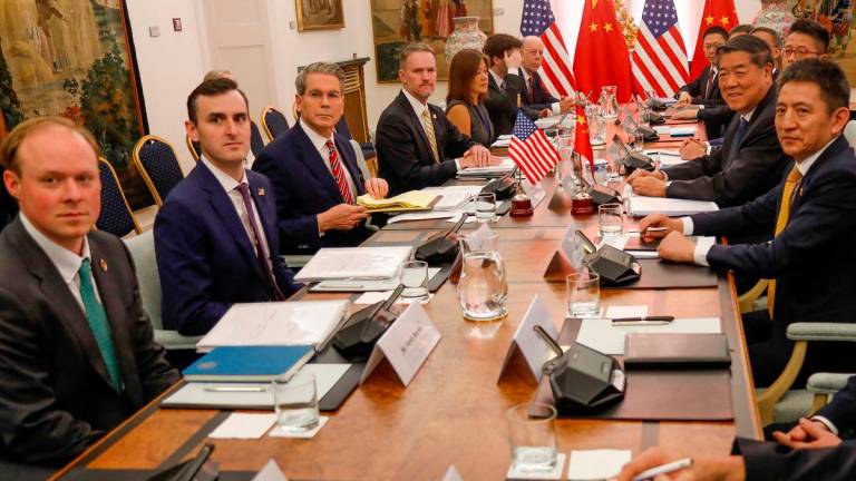 Senior U.S. and Chinese led by U.S. Treasury Secretary Scott Bessent, U.S. Trade Representative Jamieson Greer, Chinese Vice Premier He Lifeng and Chinese trade negotiator Li Chenggang meet to discuss trade and economic issues and TikTok, in Madrid, Spain, September 14, 2025. - United States Treasury/Handout via Reuters.