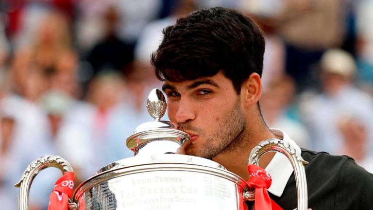 Spain’s Carlos Alcaraz celebrates with the trophy after winning his final against Czech Republic’s Jiri Lehecka Action Images via REUTERS.
