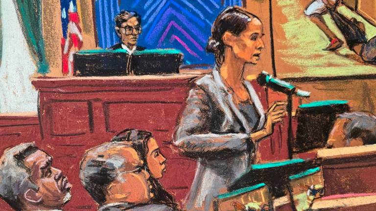 Sean Diddy Combs listens alongside his lawyers Marc Agnifilo and Teny Geragos as Assistant U.S. Attorney Christy Slavik makes her closing arguments as U.S. District Judge Arun Subramanian presides during Combs' sex trafficking trial in New York City, New York, U.S., June 26, 2025 in this courtroom sketch. - REUTERSPIX