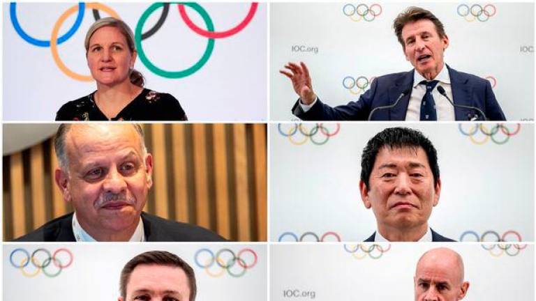 A combination picture shows the seven candidates in the race for the IOC presidency, Kirsty Coventry, Sebastian Coe, Prince Faisal Al Hussein, Morinari Watanabe, David Lappartient, Johan Eliasch and Juan Antonio Samaranch Jr. March 14, 2025. - REUTERS