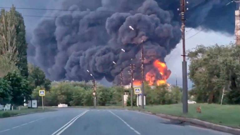 Fire and smoke rise from a site in Engels, Saratov region, Russia, in this screen grab obtained from a social media video, released on June 6, 2025. - REUTERSPIX
