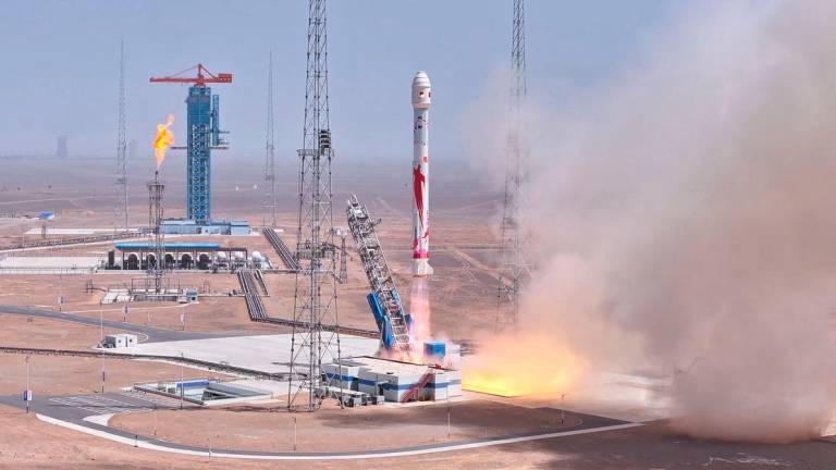 The Zhuque-2E Y2 carrier rocket, a methane-powered rocket developed by LandSpace Technology, takes off from the Jiuquan Satellite Launch Center to launch six satellites into orbit, in China, in this screenshot from a handout video released May 17, 2025. REUTERSpix