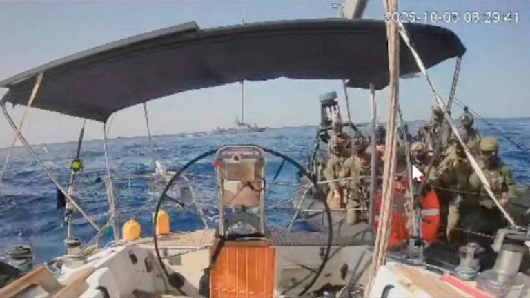 A screengrab from a live stream video shows Israeli navy forces approaching the vessel the Marinette, believed to be the only ship from the Global Sumud Flotilla still sailing towards Gaza, which flotilla organisers report has now been intercepted, October 3, 2025. Global Sumud Flotilla/Handout via REUTERS