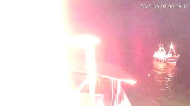 A CCTV footage shows a glow from a fire that struck a vessel of the Global Sumud Flotilla (GSF) in the Tunisian waters off the coast of Tunisia, September 8, 2025, in this screengrab obtained from a handout video. - Global Sumud Flotilla/Handout via REUTERSPIX
