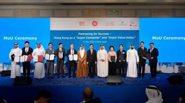 HKSAR’s Chief Executive John Lee (seventh right) witnesses agreements signed between government department, enterprises, and institutions from Hong Kong, Mainland China and Qatar.