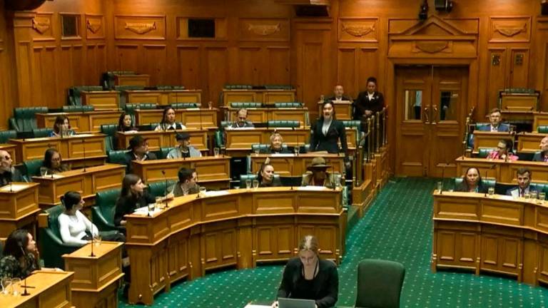 This frame grab shows Maori lawmaker Hana-Rawhiti Maipi-Clarke (C) standing up during a first reading of the Principles of the Treaty of Waitangi Bill and performing a Haka dance as she is joined by other opposition members.