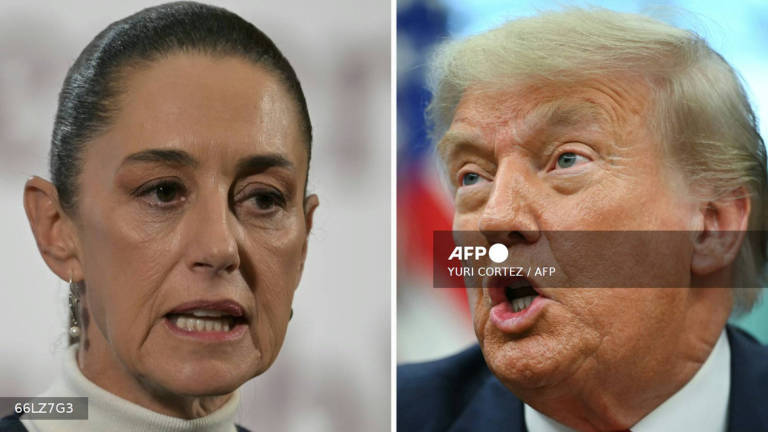 This combination of file pictures created on July 12, 2025 shows Mexico’s President Claudia Sheinbaum (L) speaking during her daily press conference at the National Palace in Mexico City on February 3, 2025, and US President Donald Trump speaking during a meeting with Democratic Republic of the Congo Foreign Minister Thérèse Kayikwamba Wagner and Rwandan Foreign Minister Olivier Nduhungirehe (not pictured) in the Oval Office of the White House in Washington, DC, on June 27, 2025. - AFP