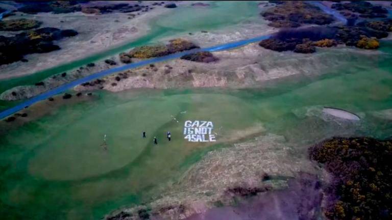 A drone view shows the aftermath of a pro-Palestinian protest on U.S. President Donald Trump’s golf course in Turnberry, Scotland, Britain. Hassan Ghani/via REUTERSPIX