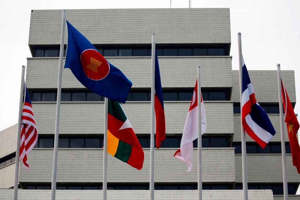 Flags are seen outside the Association of Southeast Asian Nations (Asean) secretariat building, ahead of the Asean leaders’ meeting in Jakarta, Indonesia, April 23, 2021. REUTERSPix