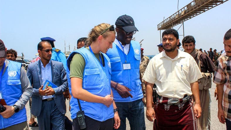 Members of the United Nations observer mission meet during the Yemeni Houthi militia withdrawal from Saleef port in the western Red Sea Hodeidah province, on May 11, 2019. — AFP