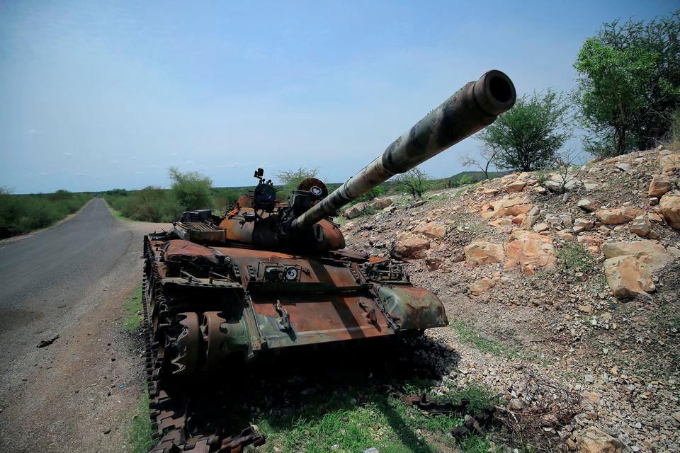 A tank damaged during the fighting between Ethiopia’s National Defense Force (ENDF) and Tigray Special Forces stands on the outskirts of Humera town in Ethiopia July 1, 2021. REUTERSPIX