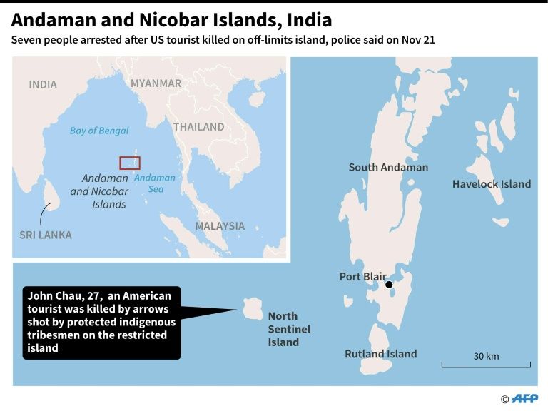 Map showing the remote North Sentinel Island in India’s Andaman islands. — AFP