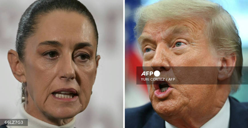 This combination of file pictures created on July 12, 2025 shows Mexico’s President Claudia Sheinbaum (L) speaking during her daily press conference at the National Palace in Mexico City on February 3, 2025, and US President Donald Trump speaking during a meeting with Democratic Republic of the Congo Foreign Minister Thérèse Kayikwamba Wagner and Rwandan Foreign Minister Olivier Nduhungirehe (not pictured) in the Oval Office of the White House in Washington, DC, on June 27, 2025. - AFP