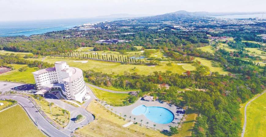 Aerial view of ANSA Okinawa Resort, soon-to-be rebranded to ANA Crowne Plaza Resort Okinawa Uruma Hills and renovated to join the IHG system by 2025.