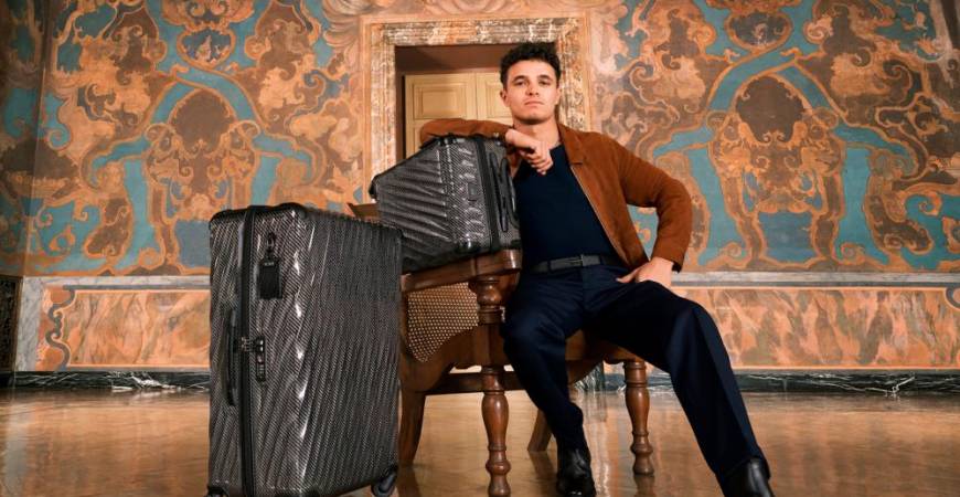 Lando Norris with 19 Degree Lite International Carry-On and Extended Trip Packing Case in Black Graphite
