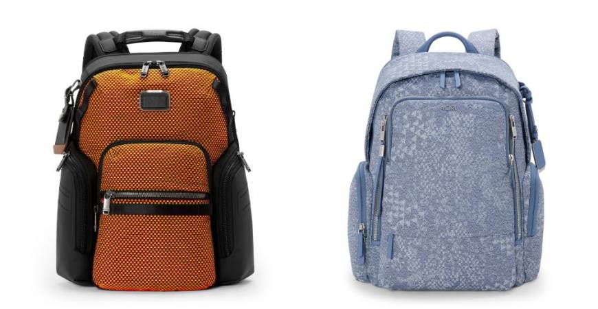 (L to R): Alpha Bravo Navigation Backpack in Red/Lime Chameleon, Voyageur Celina Backpack in Denim Blue