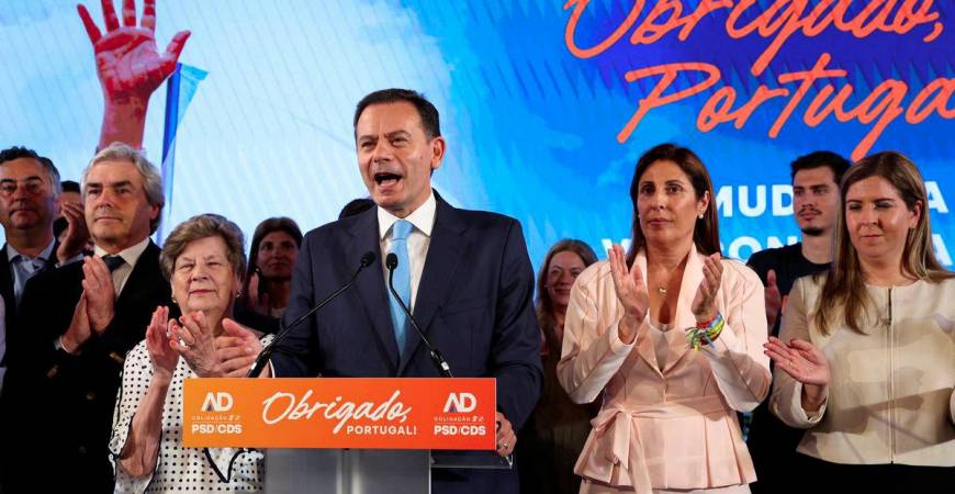 Portugal's Social Democratic Party (PSD) and Democratic Alliance (AD) leader Luis Montenegro speaks following the exit polls, at his electoral night headquarters, in Lisbon, Portugal, May 18, 2025. - REUTERSPIX
