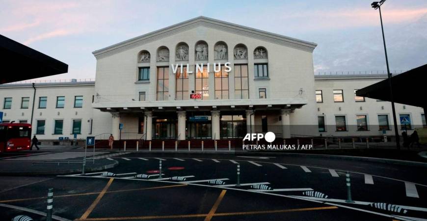 Picture taken on November 25, 2024 shows the entrance to the international airport in Vilnius, Lithuania. (Photo by Petras Malukas / AFP)