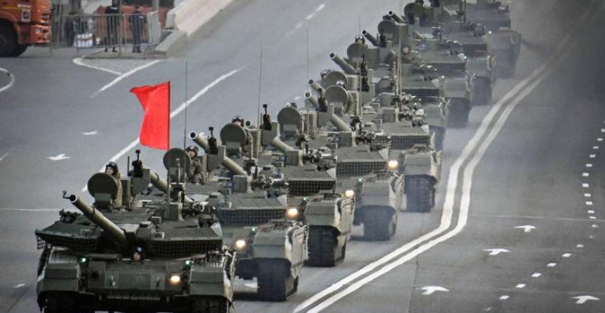 Russian T-90M tanks drive through central Moscow during a rehearsal for the Victory Day parade where Russia will celebrate the 80th anniversary of the 1945 defeat of Nazi Germany, on May 3, 2025. AFPpix