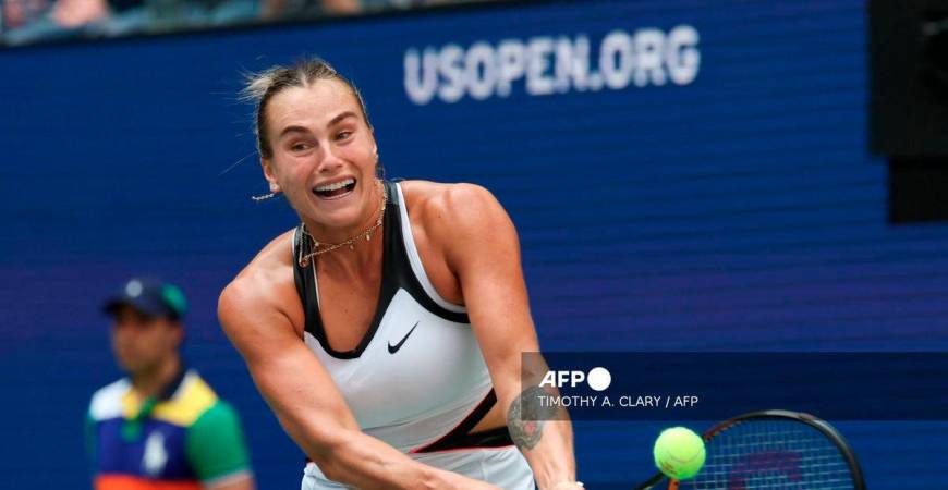 Belarus's Aryna Sabalenka plays a return to Switzerland's Rebeka Masarova during their women's singles first round tennis match on day one of the US Open tennis tournament at the USTA Billie Jean King National Tennis Center in New York City, on August 24, 2025. - AFP