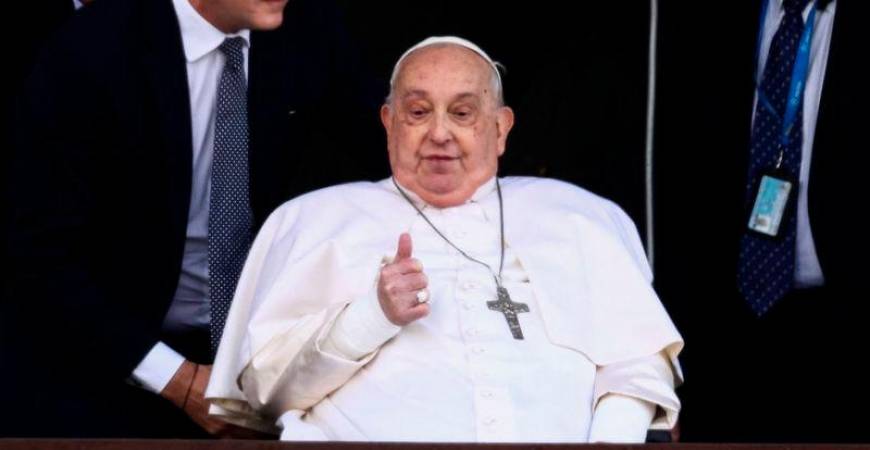 Pope Francis gestures during his first public appearance in five weeks, on the day he is set to be discharged from Gemelli Hospital, in Rome - REUTERSpix