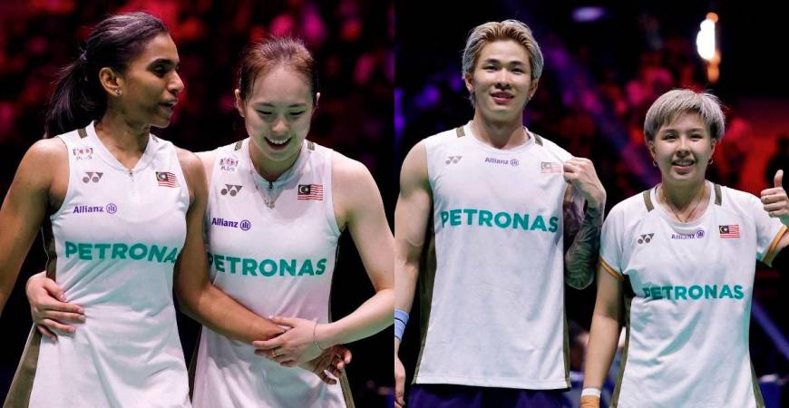 Malaysia’s Pearly Tan and Thinaah Muralitharan (left) celebrate after winning their women’s doubles semifinal match and Tang Jie Chen and Ee Wei Toh (right) celebrate after winning their mixed doubles semifinal match on August 30, 2025. - REUTERS