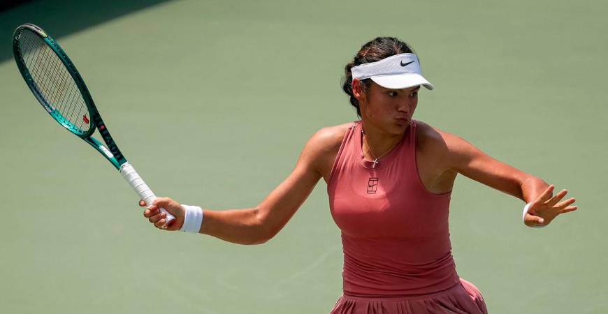 Emma Raducanu of the United Kingdom returns a shot against Maria Sakkari of Greece during a women’s singles match on day 5 of the Mubadala Citi DC Open 2025 at William H Maria Sakkari of Greece .G. FitzGerald Tennis Center on July 25, 2025 in Washington, DC - Photo by Scott Taetsch / GETTY IMAGES NORTH AMERICA / AFP