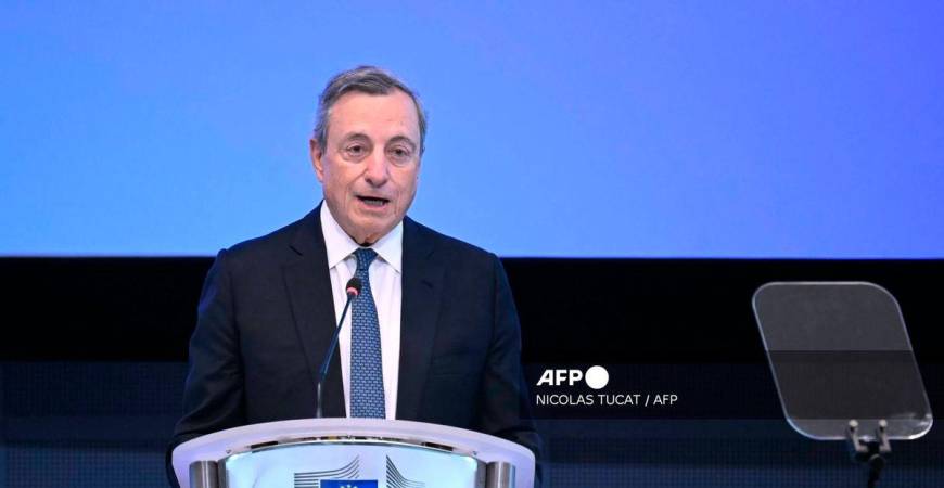 Italian economist and former European Central Bank (ECB) president Mario Draghi gives a press conference to review progress one year after the “Draghi report” on the Future of European Competitiveness, at the EU headquarters in Brussels, on September 16, 2025. (Photo by NICOLAS TUCAT / AFP)