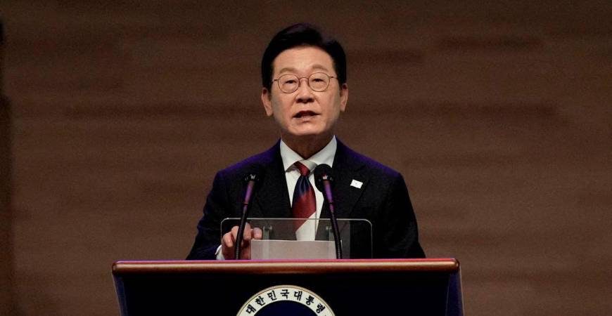 South Korean President Lee Jae Myung speaks during a ceremony to celebrate the 80th anniversary of Korea's liberation from Japanese colonial rule, in Seoul, South Korea, Friday, Aug. 15, 2025. - Pool via REUTERS