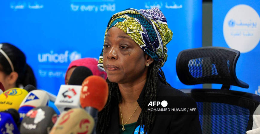 Sara Beysolow Nyanti, the United Nations Children’s Fund (UNICEF) Representative in Yemen, gives a press conference in the Yemeni capital Sanaa on October 23, 2019. - AFP