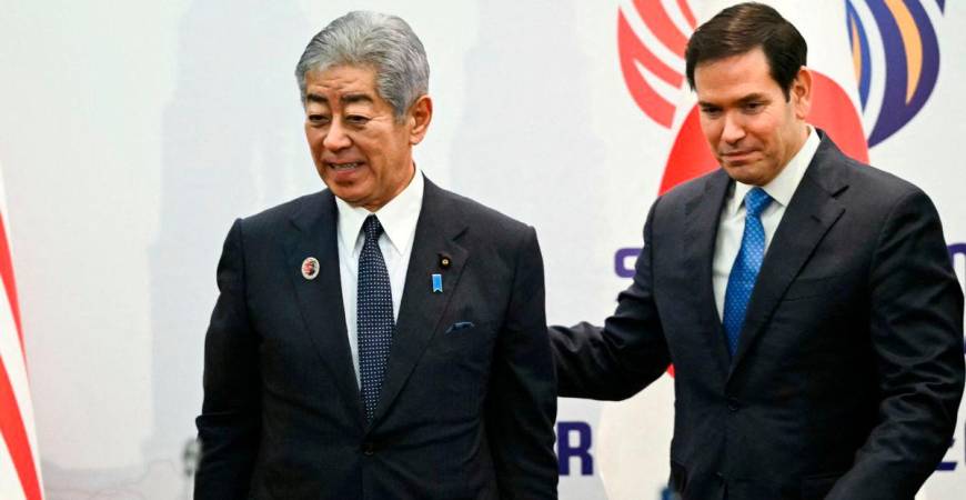 Japan’s Foreign Minister Takeshi Iwaya and US Secretary of State Marco Rubio arrive for a meeting on the sidelines of the ASEAN Foreign Ministers’ Meeting at the Kuala Lumpur Convention Centre in Kuala Lumpur, Malaysia July 11, 2025. MANDEL NGAN/Pool via REUTERS