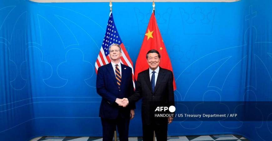 US Treasury Secretary Scott Bessent and Chinese Vice Premier He Lifeng standing for a photo during meetings in Stockholm, Sweden, on July 28, 2025. (Photo by HANDOUT / US Treasury Department / AFP)