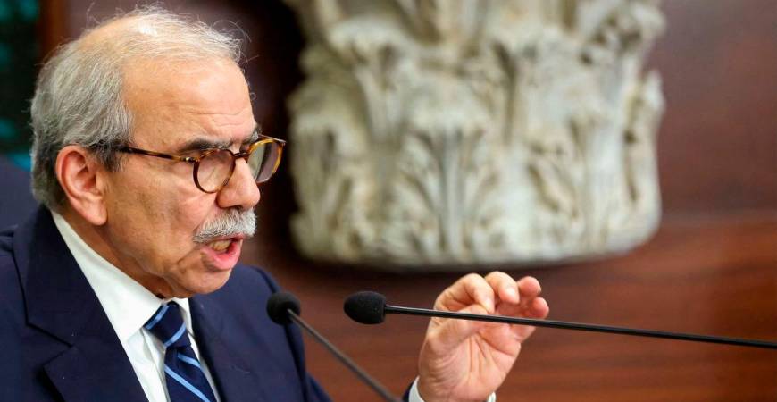 Lebanon’s ebanon’s Prime Minister Nawaf Salam speaking to the press after a cabinet session to discuss the issue of disarming Hezbollah at the presidential palace of Baabda east of Beirut. (Photo by Lebanese Presidency / AFP)