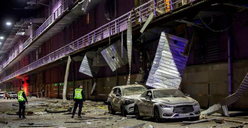 Policemen inspect a shopping mall that was damaged during a Russian drone attack amid Russia’s attack on Ukraine, in Kyiv, Ukraine, May 4, 2025. REUTERSpix