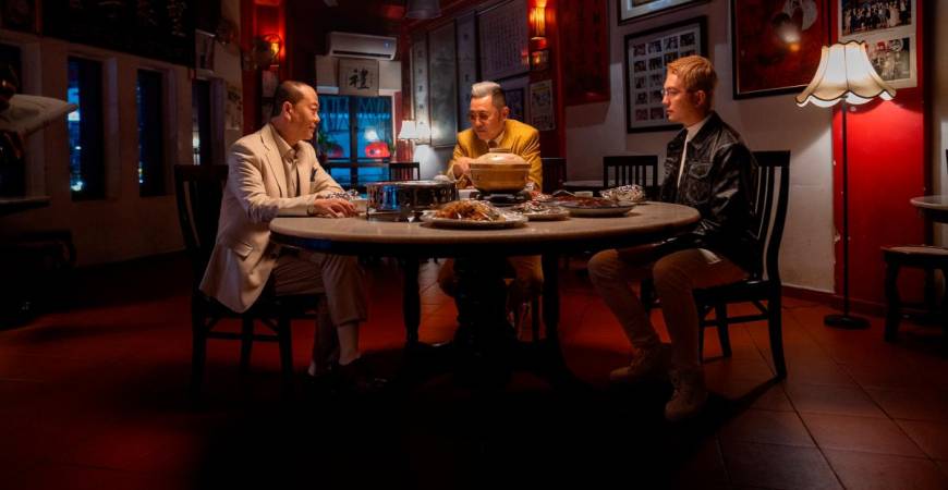 (From left) Wong Fu (Au-Yeung), Tong Kong (So) and Jian Tou (Haoren) regroup as tensions rise within the Anti-Fraud Society, with Jian Tou deep undercover in the operation. – PR