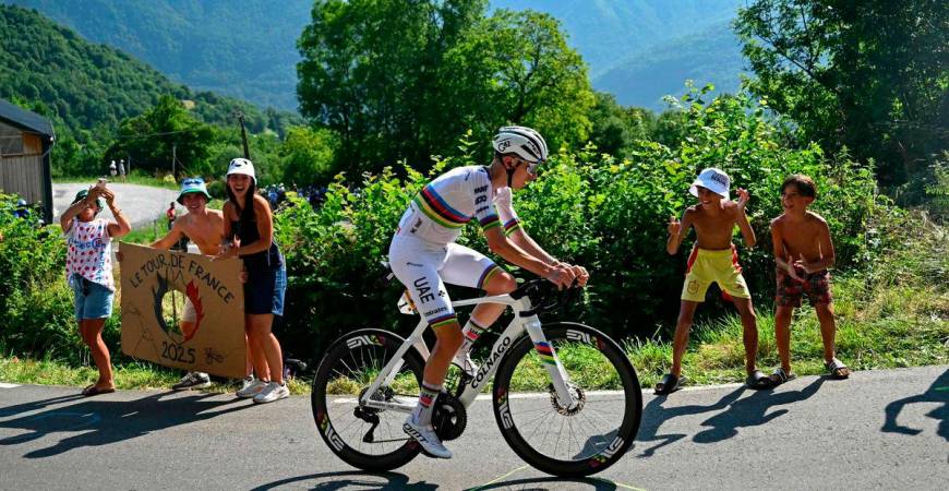 UAE Team Emirates - XRG team’s Slovenian rider Tadej Pogacar cycles in the ascent of Hautacam during the 12th stage of the 112th edition of the Tour de France cycling race, 180.6 km between Auch and Hautacam, in the Pyrenees mountains of southwestern France, on July 17, 2025. Photo by Loic VENANCE / AFP