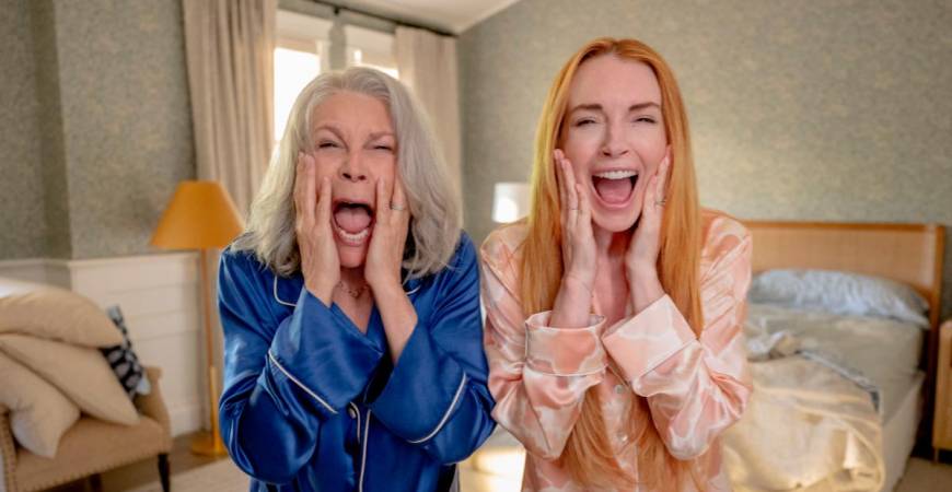 (From left) Tess (Curtis) and Anna (Lohan) share another round of life lessons. - PR