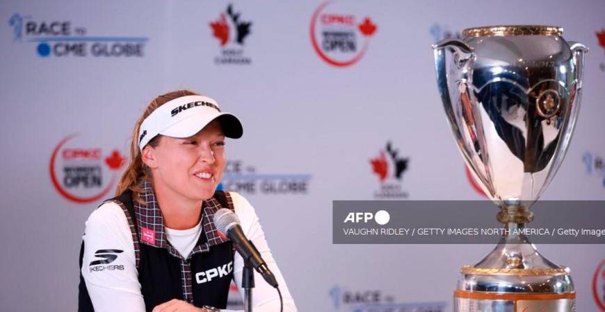 MISSISSAUGA, ONTARIO - AUGUST 24: Brooke M. Henderson of Canada speaks to the media after winning the CPKC Women's Open 2025 at Mississaugua Golf and Country Club on August 24, 2025 in Mississauga, Ontario. - Getty Images via AFP