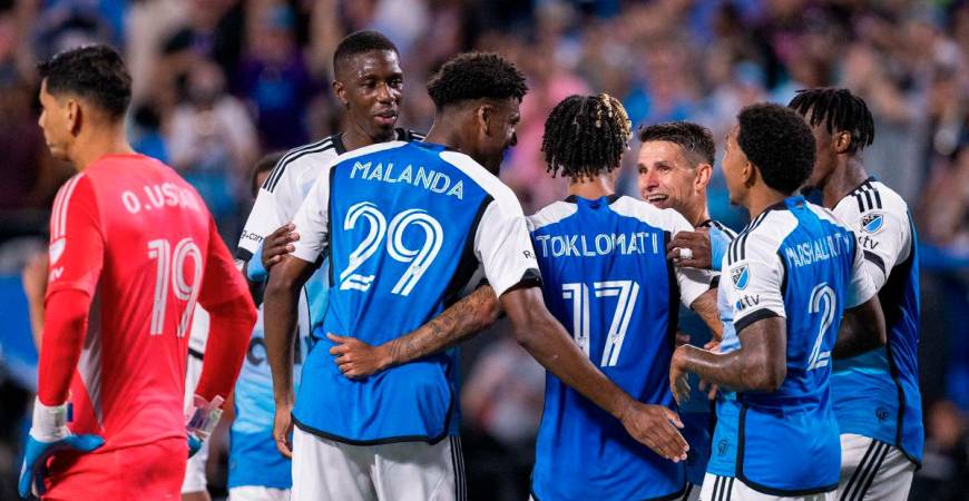 Sep 13, 2025; Charlotte, North Carolina, USA; Charlotte FC forward Idan Toklomati (17) celebrates after scoring against the Inter Miami in the second half at Bank of America Stadium. - Scott Kinser-Imagn Images via REUTERS